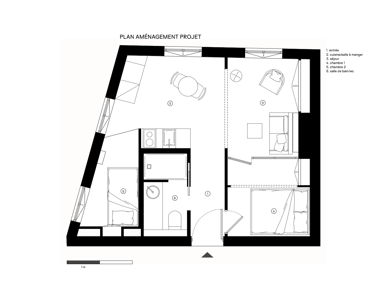 Plan d’aménagement projet : séjour, cuisine, chambres, salle de bain et buanderie