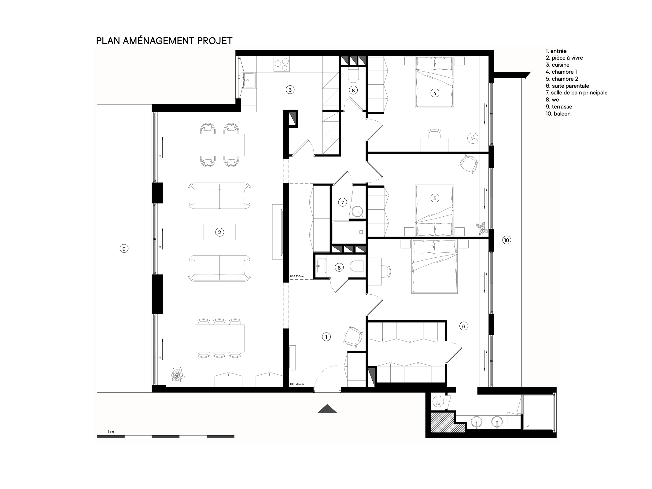 Plan d’aménagement d’un appartement familial : pièce à vivre, trois chambres, terrasse et balcon