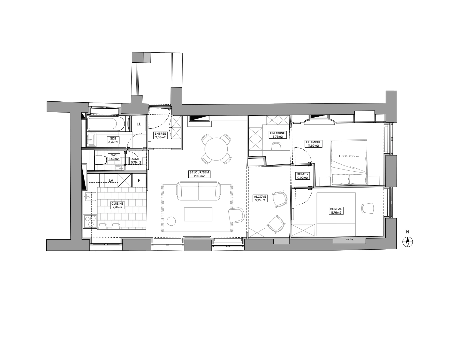 Plan d'aménagement meublé d'un appartement par ESQUI STUDIO : séjour, cuisine, dressing, chambre, bureau, Lyon