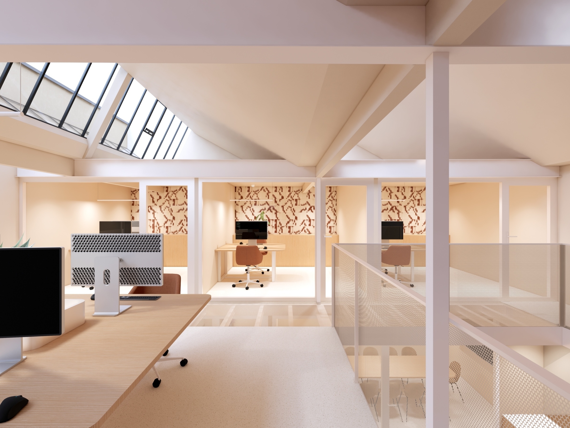 Perspective 3D d’un aménagement de bureaux avec mezzanine, verrière, mobilier en bois et garde-corps en métal perforé.