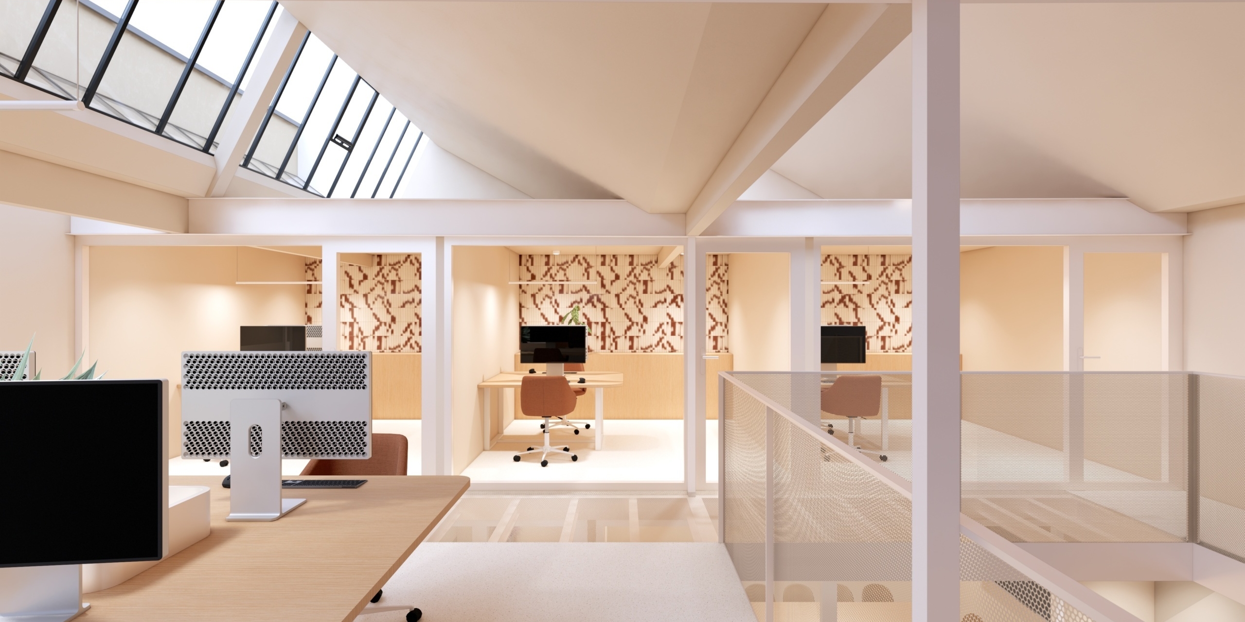 Perspective 3D d’un aménagement de bureaux avec mezzanine, verrière, mobilier en bois et garde-corps en métal perforé.